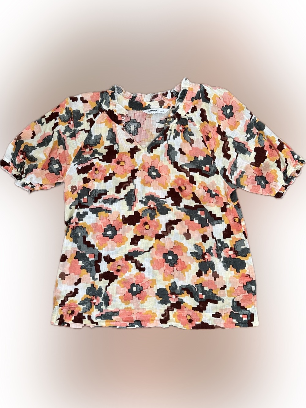 Sonoma Coral and Olive Green Multicolor Floral Short Sleeve V-Neck Top
